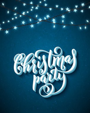 Noel partisi poster çizilmiş yazı ve Noel ışıkları ile. Vektör