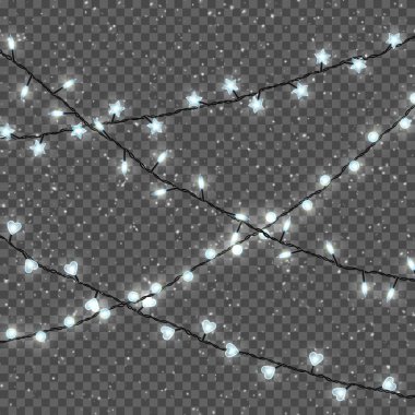 Noel ışıkları üzerinde şeffaf arka plan izole. Gerçekçi Xmas parlayan garland ve düşen kar kümesi. Vektör