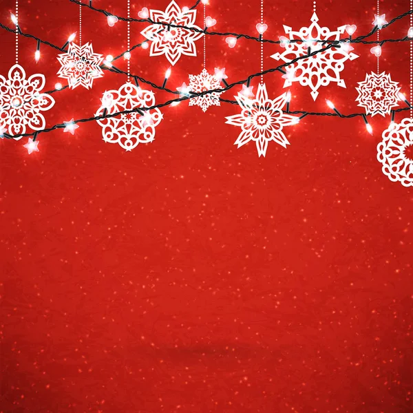 Sfondo per poster Buon Natale con fiocchi di neve di carta e ghirlanda scintillante. Vettore — Vettoriale Stock