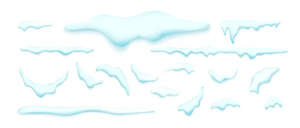 Große Menge realistischer Schneekappen, Eiszapfen, Schneeball und Schneeverwehungen isoliert über weißem Hintergrund. — Stockvektor
