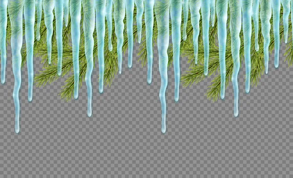 Varrat nélküli határ reális firtree és jégcsapok fölött átlátszó háttér. Boldog karácsonyt a tervezősablon — Stock Vector