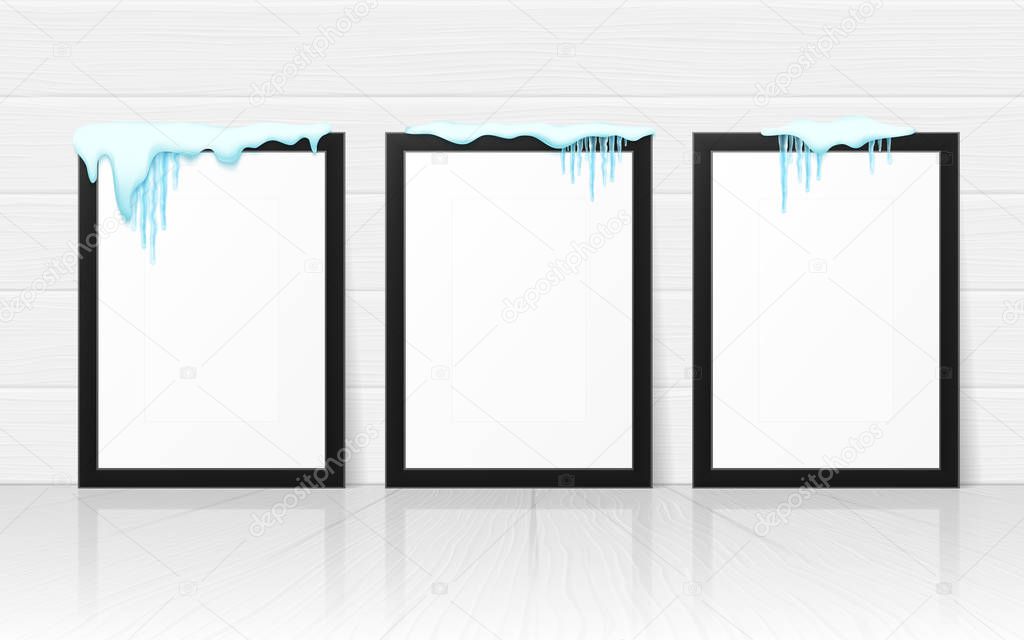 Set of frames with realistic snow and icicles. Beautiful winter template for merry christmas. Vector illustration.