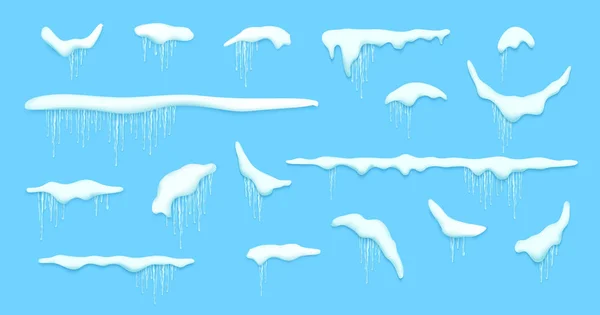 Verzameling van geïsoleerde sneeuw GLB. Vector sjabloon met besneeuwde elementen voor uw ontwerp. Realistische sneeuwlaag en ijspegels. — Stockvector