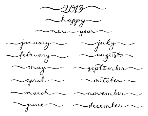 Каллиграфический набор месяцев 2019 года. Декабрь, Январь, Февраль, Март, Сентябрь, Октябрь . — стоковый вектор