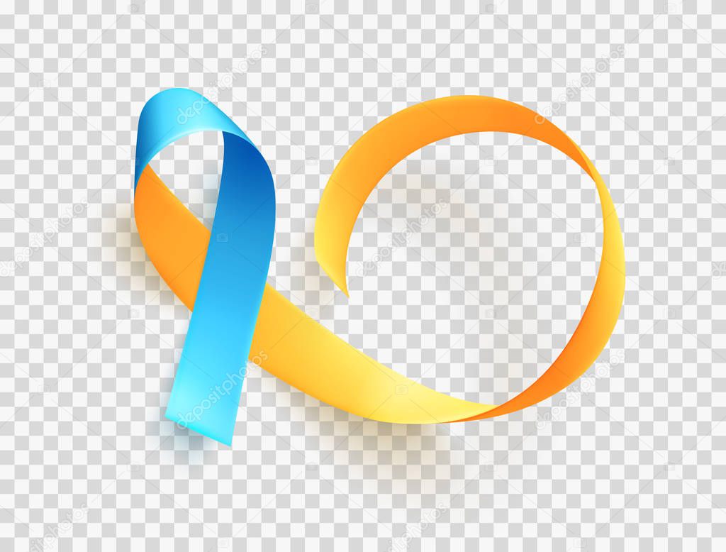 World Down Syndrome day. March 21. Realistic blue yellow ribbon symbol. Template for poster. Vector.