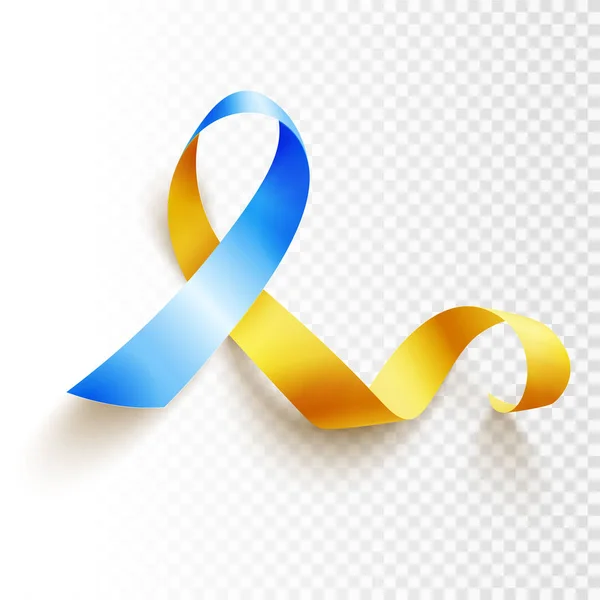 Día Mundial del Síndrome de Down. 21 de marzo. Símbolo realista de cinta azul amarilla sobre fondo transparente. Vector . — Archivo Imágenes Vectoriales