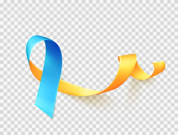 World Down Syndrome day. March 21. Realistic blue yellow ribbon symbol over transparent background. Vector. — Stock Vector