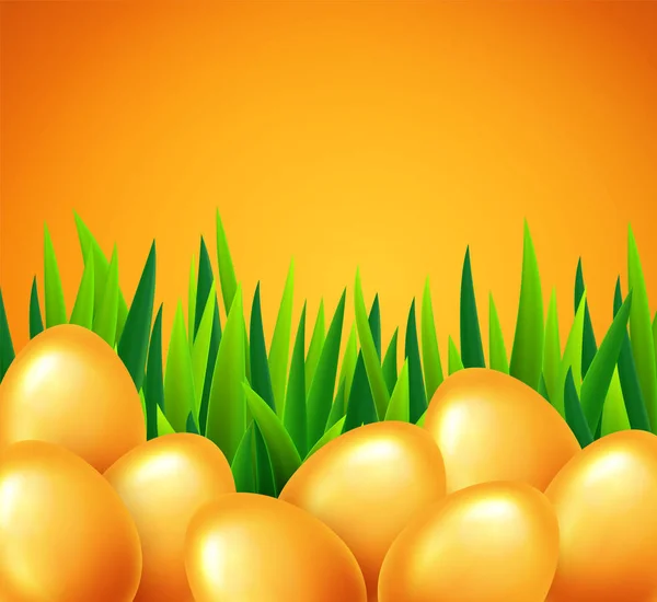 Šťastné Velikonoce šablona nápisu pozadí s krásné realistické zlatá vejce. Vektor. — Stockový vektor