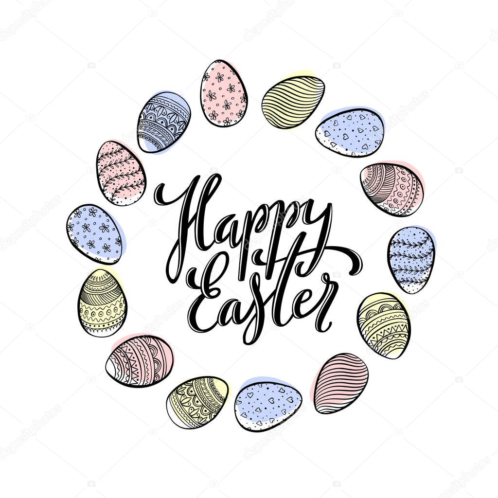 Card template for Happy Easter with hand drawn calligraphy and decorative easter eggs with pattern. Vector.
