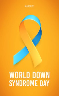 Dünya Down sendromu gün. 21 Mart. Gerçekçi mavi sarı kurdele simgesi. Poster için şablon. Vektör.