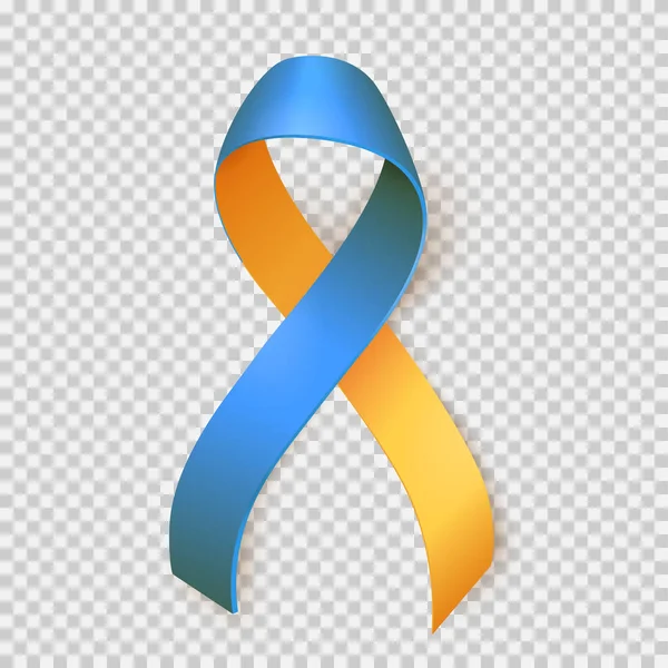 World Down Syndrome day. March 21. Realistic blue yellow ribbon symbol over transparent background. Vector. — Stock Vector