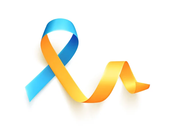 Dia Mundial da Síndrome de Down. 21 de Março. Símbolo de fita amarela azul realista. Modelo para cartaz. Vetor . — Vetor de Stock