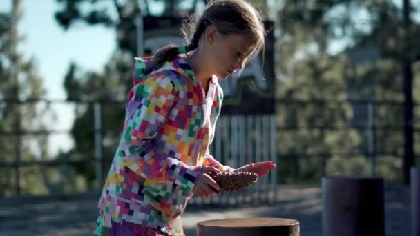 Menina bonito tocando tambor no parque. Hora de verão — Vídeo de Stock