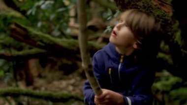 Sevimli bir gülümseyen çocuk etrafında görünümlü ve ağaç altında oturan portresi.