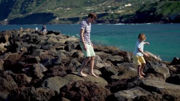 Apa és fia sétált együtt a kő strandon. — Stock videók