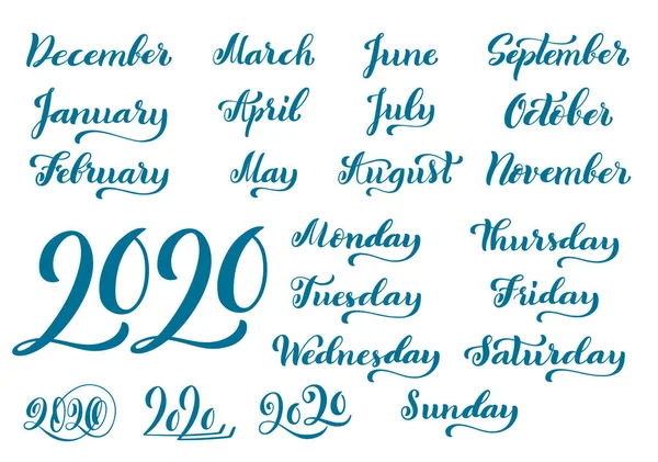 Gran vector caligráfico dibujado a mano conjunto mensual con meses y Feliz Año Nuevo 2020. Vector — Vector de stock