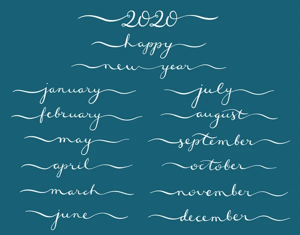Grande vetor caligráfico desenhado à mão conjunto mensal com meses e Feliz Ano Novo 2020. Vetor — Vetor de Stock