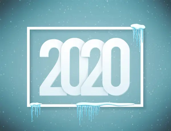 2020 新年快乐海报装饰着逼真的雪和冰柱。向量. — 图库矢量图片