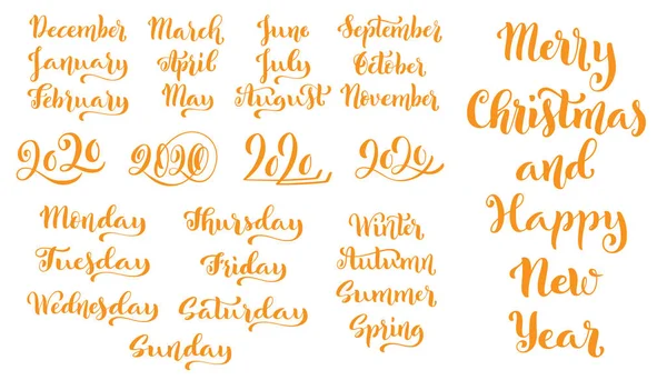 Set mensile calligrafico a mano vettoriale grande con mesi, anno 2020, stagioni e giorni della settimana. Vettore — Vettoriale Stock