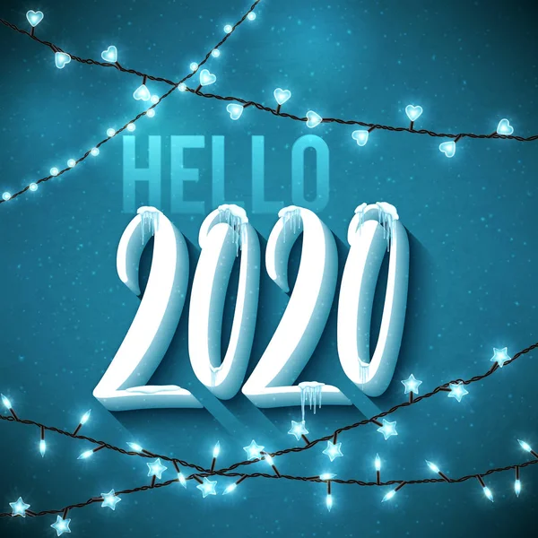 Ciao 2020 Buon anno sta arrivando Poster decorato con neve realistica e ghiaccioli. Vettore . — Vettoriale Stock