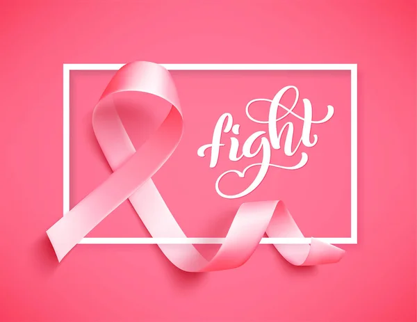 Luta de cartaz com fita rosa realista, símbolo de consciência de câncer de mama em outubro, vetor —  Vetores de Stock