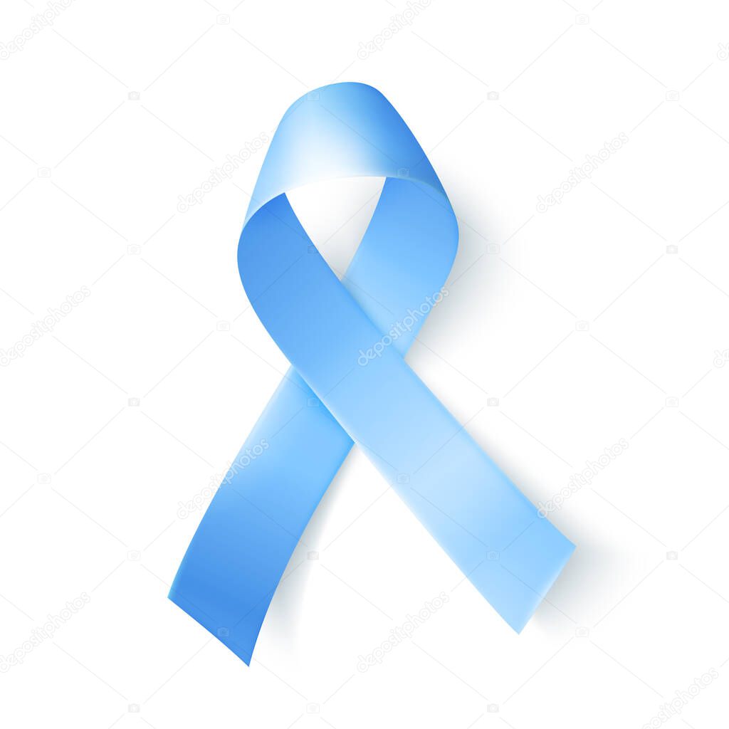 Silk blue ribbon over white background. Realistic medical symbol for prostate cancer awareness month in november.