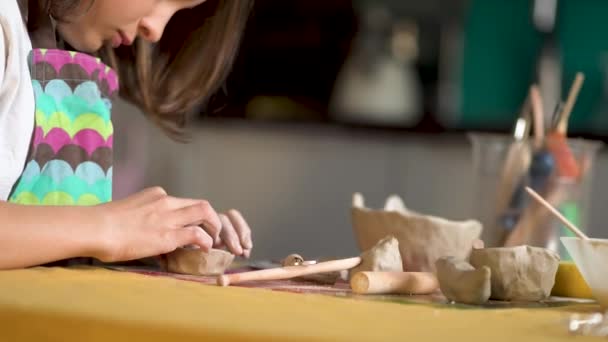 La fabbricazione di ceramica. Ragazza scolpisce da argilla — Video Stock