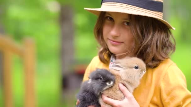 Aranyos lány, aki igazi nyúllal játszik. A gyerekek állatokkal játszanak.. — Stock videók