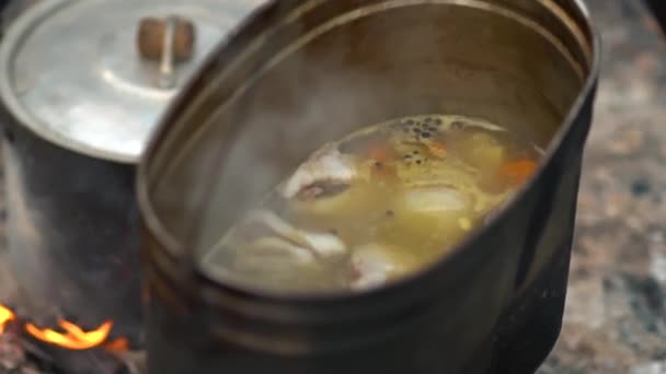 모닥불에 음식을 준비 한다. 달콤 한 신선 한 수프와 연기가 가득 한 케틀 — 비디오