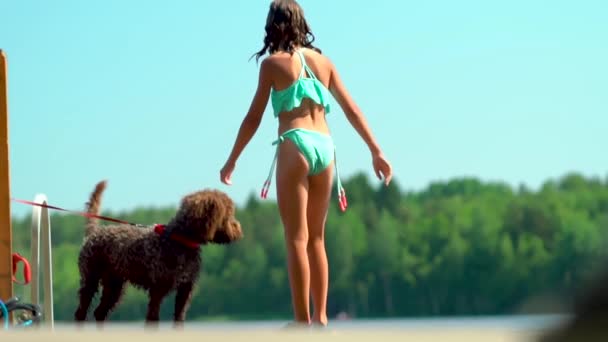 穿着湿衣的女孩从木制码头跳入湖中.在夏日玩得开心. — 图库视频影像