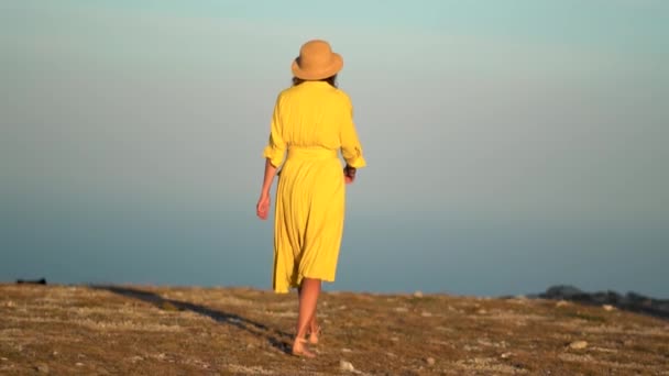 Красива молода жінка в жовтій сукні стоїть на скелі гори. Сукня і шерсть у вітрі . — стокове відео