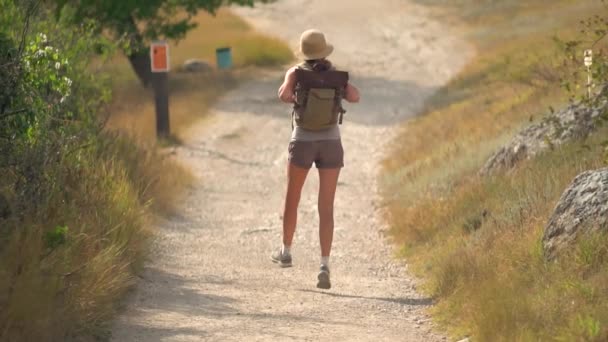 O femeie cu rucsac plecând singură la drum în munţi. Călătorie stil de viață concept aventură vacanțe de vară în aer liber — Videoclip de stoc