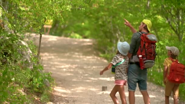 Homme avec sac à dos marchant avec garçon et fille sur la route dans les montagnes. Voyage style de vie concept aventure vacances d'été en plein air. Bonne randonnée en famille à la campagne — Video