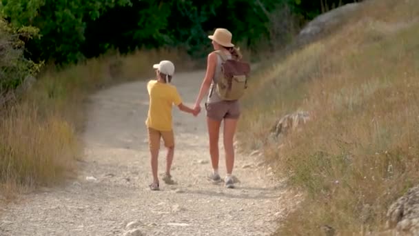 Женщина с рюкзаком гуляет со своим сыном по дороге в горы. Летний отдых на свежем воздухе. — стоковое видео