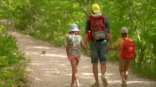 Homem com mochila andando com menino e menina na estrada nas montanhas. Viagem estilo de vida conceito aventura férias de verão ao ar livre. Caminhadas em família felizes no campo — Vídeo de Stock