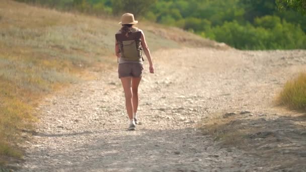 Mujer con mochila caminando sola en la carretera en las montañas. Viajes estilo de vida concepto aventura al aire libre vacaciones de verano — Vídeos de Stock