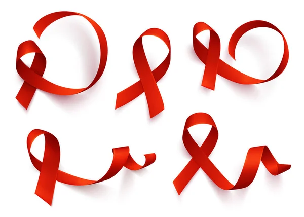Gran conjunto de cintas rojas realistas, símbolo del día del sida mundial, 1 diciembre, ilustración vectorial. Día mundial del cáncer - 4 de febrero. — Archivo Imágenes Vectoriales