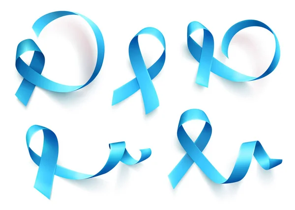 Big set of blue ribbons isolated over white background. Symbol of prostate cancer awareness month in november. Vector — Stock Vector