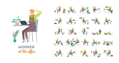 Vector young adult man in worker overalls ready-to-use character casual poses set in flat style. clipart