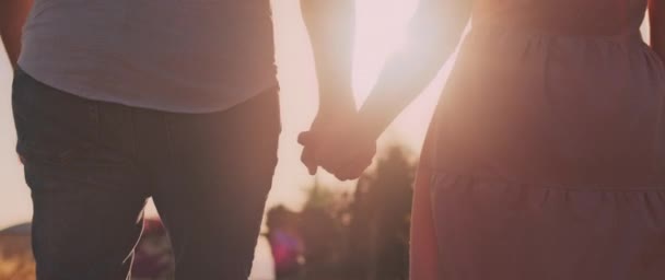 Pasangan Muda Berpegangan Tangan Sambil Berjalan Saat Matahari Terbenam Pandangan — Stok Video