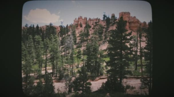 木々や石で ブライスキャニオン国立公園の底からの眺め ヴィンテージフィルムルック — ストック動画