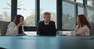 Meslektaşlar bir projeyi iş yerinde bilgisayar kullanarak tartışırlar. İş toplantısı, birlikte çalışmak, fikir paylaşımı. Yavaş çekim.