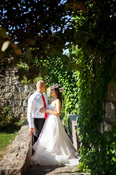 Mooie jong koppel. de bruid en bruidegom op hun trouwdag. Zijn de muren in de lengte — Stockfoto