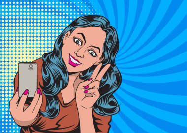 Sosyal ağlarda akıllı telefonlarda selfie çeken güzel genç kadınlar. Pop sanat vektörü illüstrasyonu. Resimler arkaplandan ayrıldı