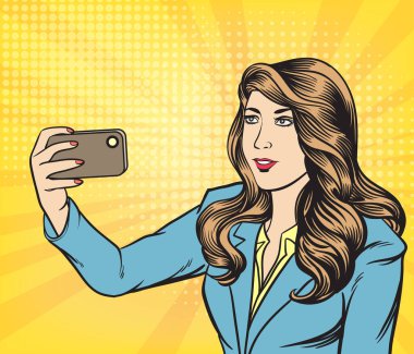 Sosyal ağlarda akıllı telefonlarda selfie çeken güzel genç kadınlar. Pop sanat vektörü illüstrasyonu. Resimler arkaplandan ayrıldı