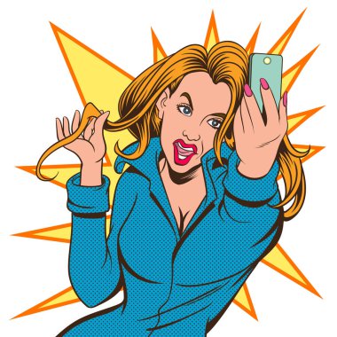 Sosyal ağlarda akıllı telefonlarda selfie çeken güzel genç kadınlar. Pop sanat vektörü illüstrasyonu. Resimler arkaplandan ayrıldı