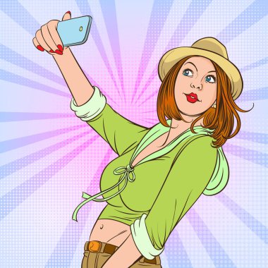 Sosyal ağlarda akıllı telefonlarda selfie çeken güzel genç kadınlar. Pop sanat vektörü illüstrasyonu. Resimler arkaplandan ayrıldı