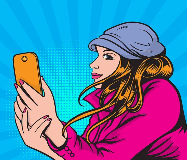 Sosyal Ağlarda Akıllı Telefonlarda Selfie Çeken Güzel Genç Kadınlar Pop — Stok Vektör