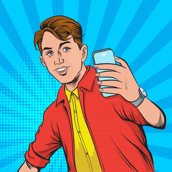 Männer Machen Selfies Mit Smartphones Selfie Fotos Sozialen Netzwerken Pop — Stockvektor
