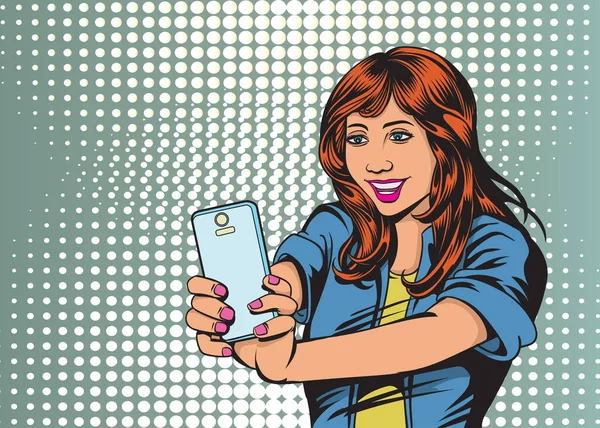 Sosyal ağlarda akıllı telefonlarda selfie çeken güzel genç kadınlar. Pop sanat vektörü illüstrasyonu. Resimler arkaplandan ayrıldı
